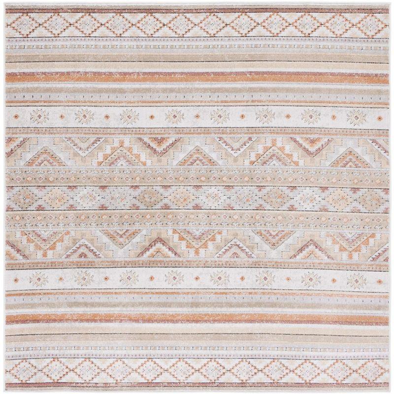 Ivory Beige Geometric Synthetic Square Area Rug