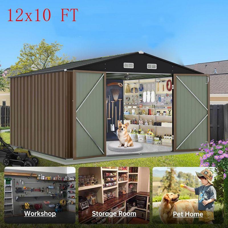 12x10 FT Outdoor Metal Storage Shed Garden Tool House With Lockable Doors and Vent Brown