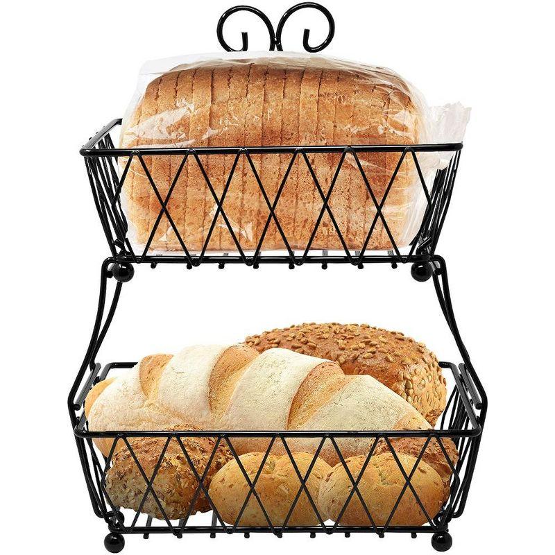 2-Tier Fruit Bread Basket Display Stand, Counter Storage for Kitchen, Bathroom, Rectangular Antique Metal