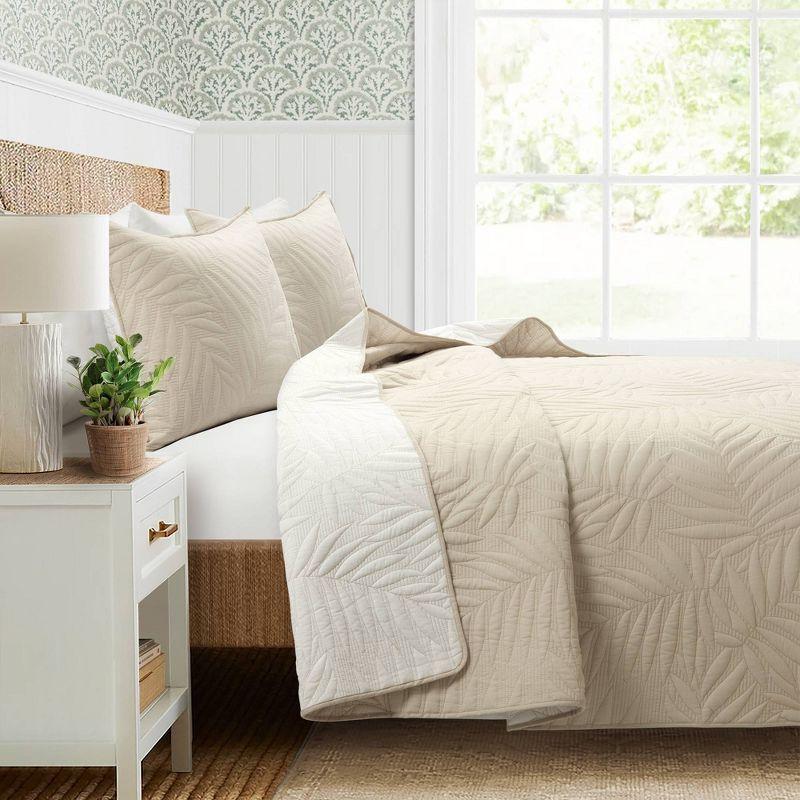 King White Reversible Cotton Quilt Set with Embroidered Leaves