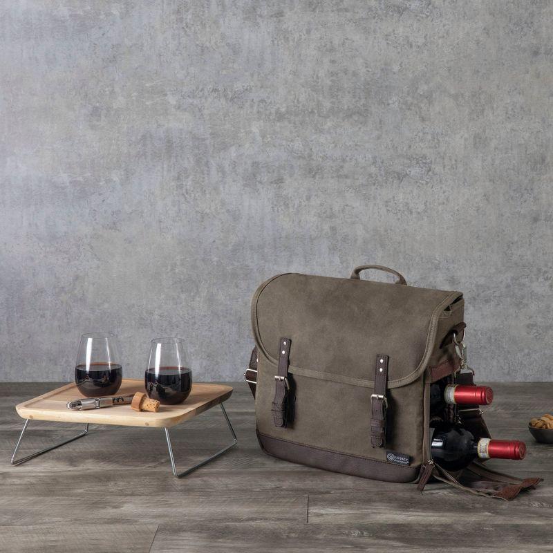 Khaki Green Waxed Canvas Wine Tote with Acacia Table