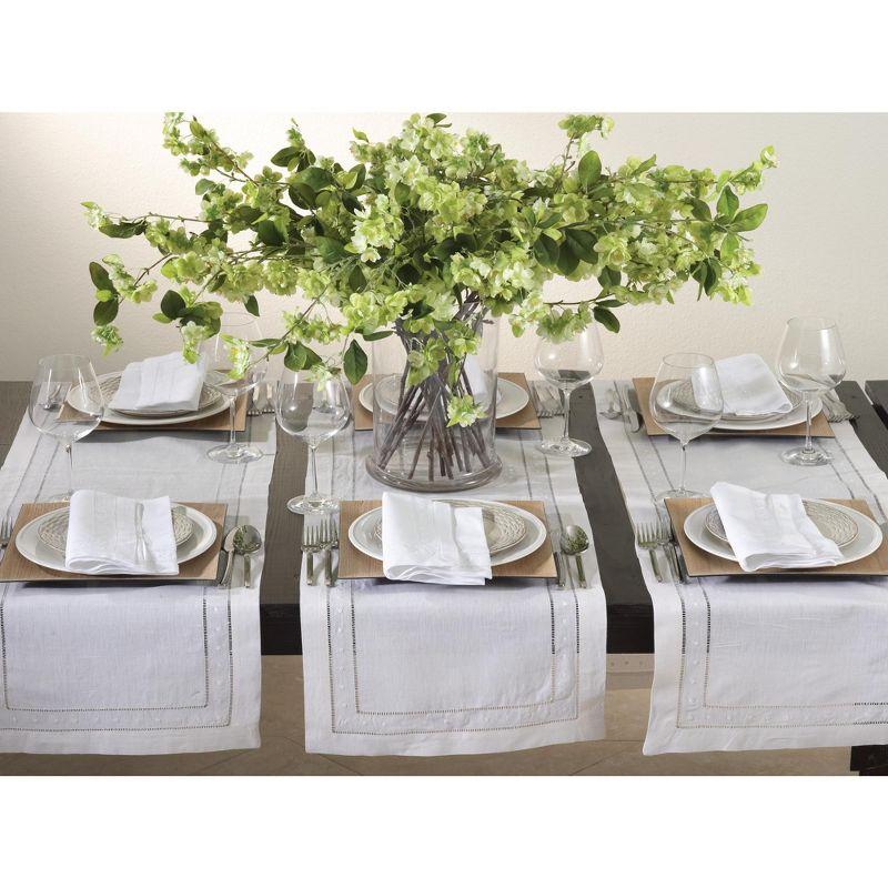 White Cotton Linen Embroidered Hemstitch Table Runner