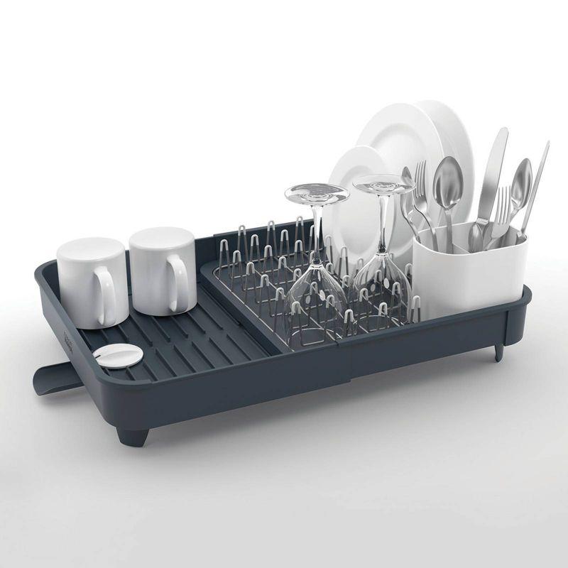 Gray Expandable Metal Dish Rack with Utensil Cup