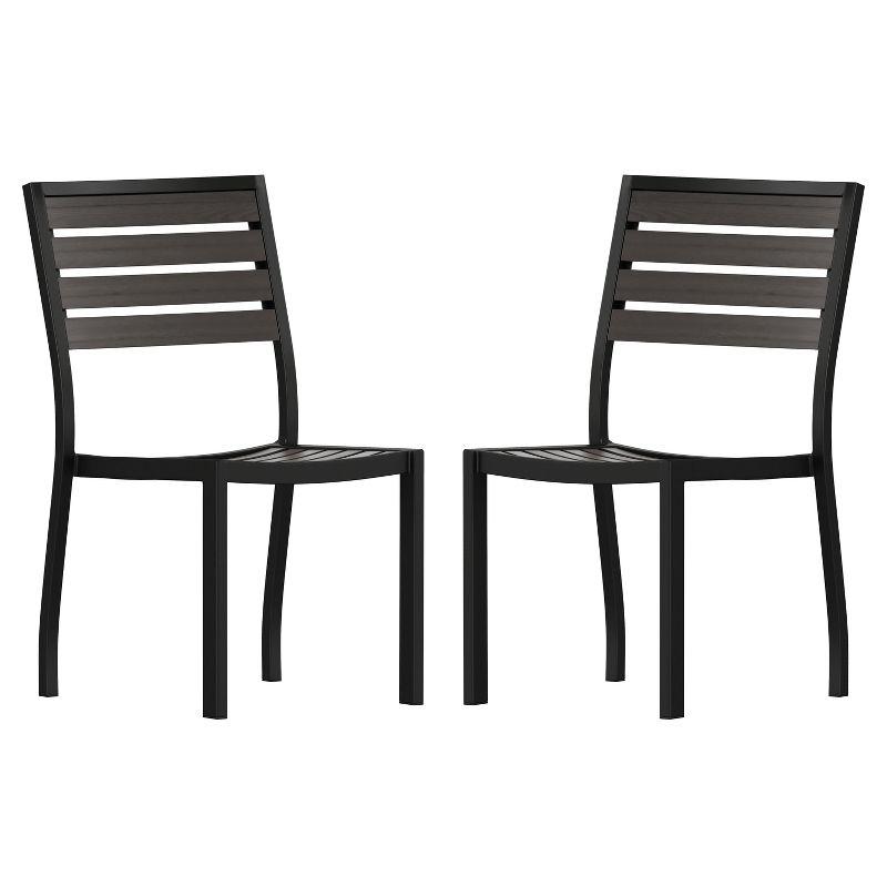 Gray Faux Teak and Aluminum Outdoor Patio Chairs, Set of 2