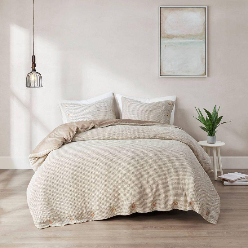 Taupe Greige Cotton Blend Waffle Weave Duvet Cover Set