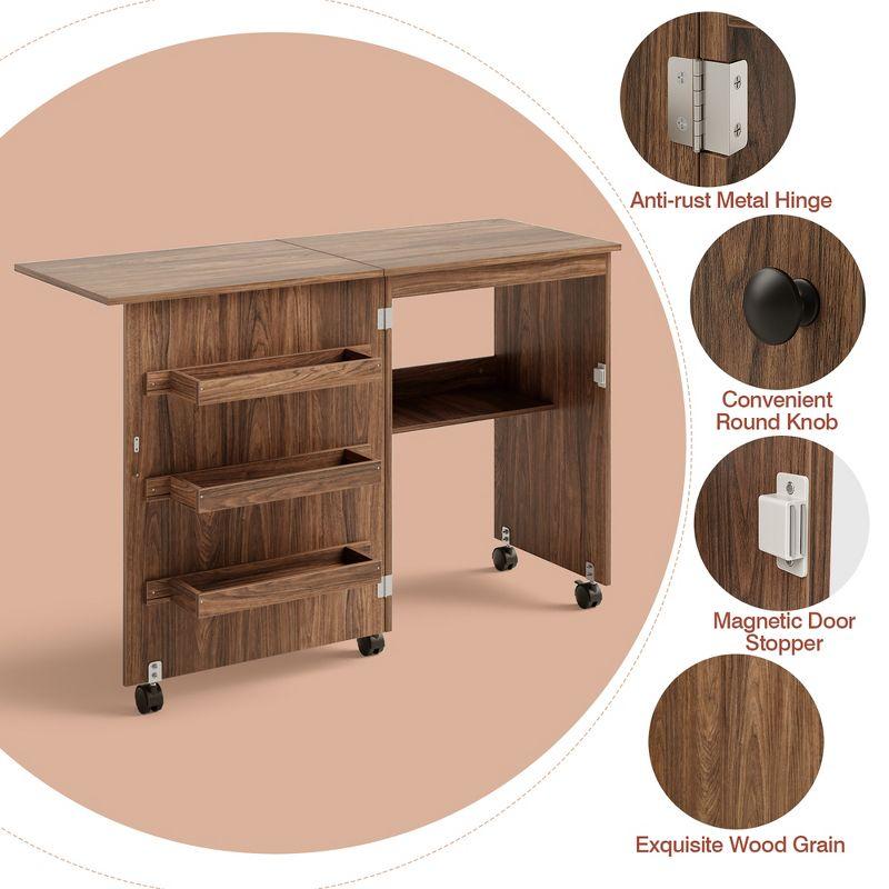 Costway Folding Sewing Craft Table Shelf Storage Cabinet Home Furniture W/Wheels Brown