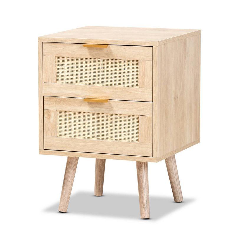 Baird Wood and Rattan 2 Drawer Nightstand Brown - Baxton Studio: Bohemian Style, Gold Tone Handles