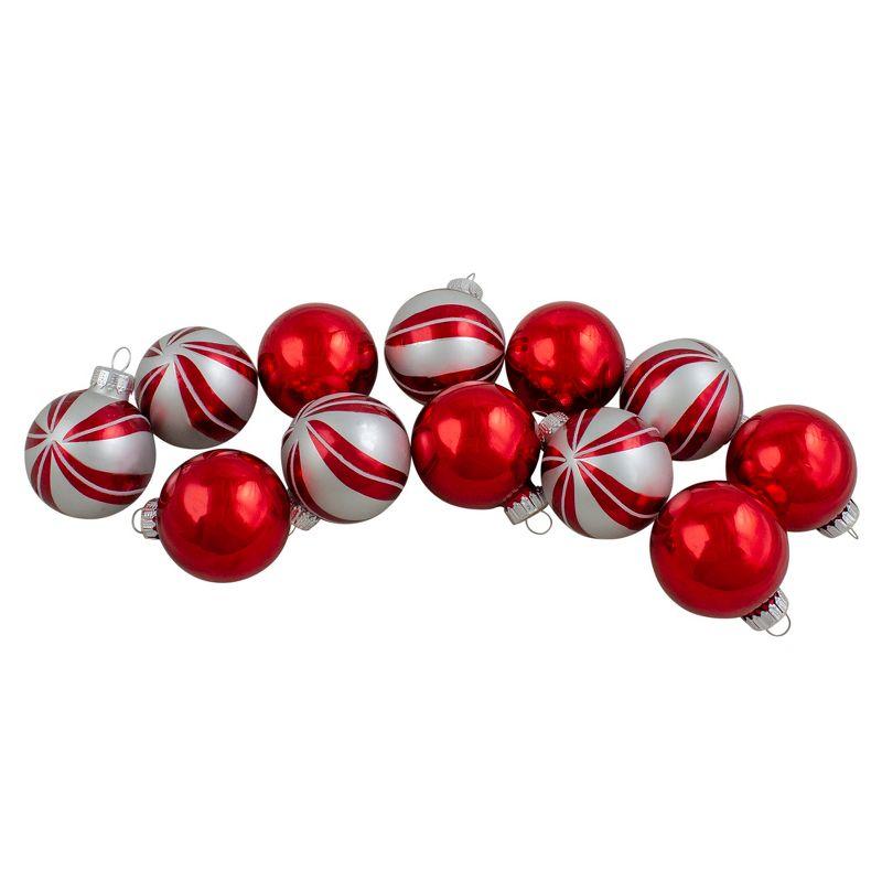 Red and Silver 2-Finish Swirl Glass Christmas Ball Ornament 1.75" (45mm) (Set of 12)