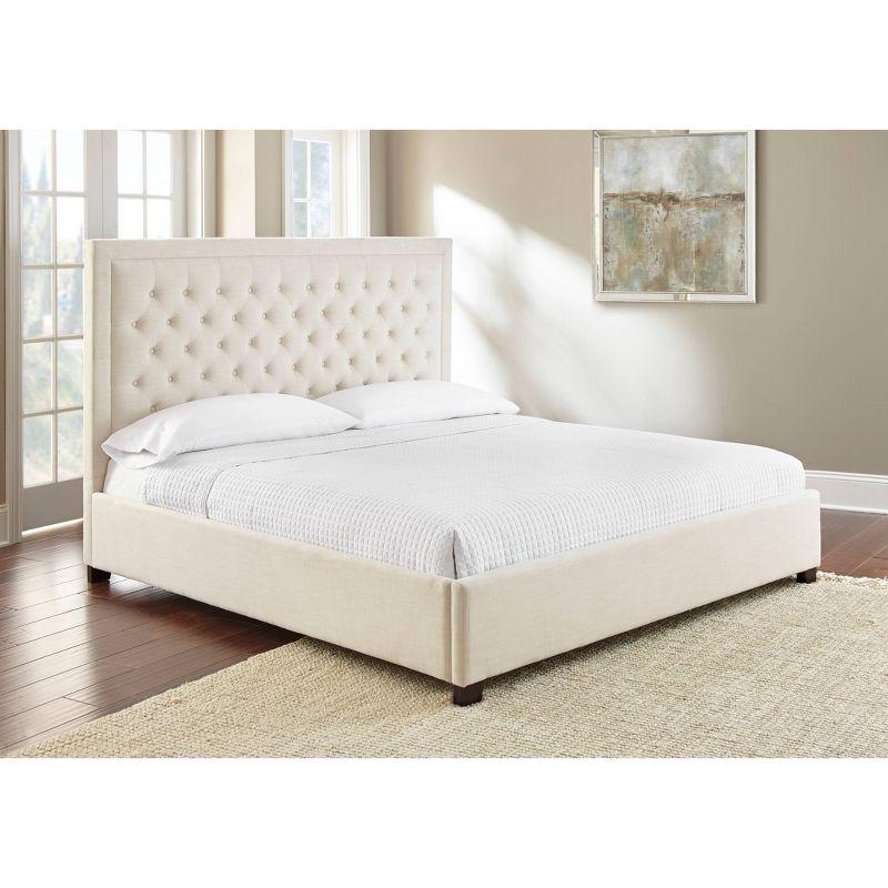 King White Upholstered Bed with Tufted Headboard and Nailhead Trim