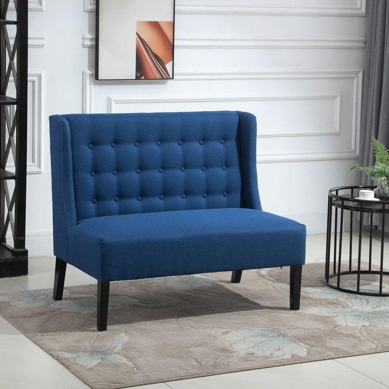 HOMCOM Wingback Double Sofa Linen Fabric Upholstery Button Tufted Loveseat Armless Couch Modern Contemporary Living Room Settee with Wood Legs, Blue