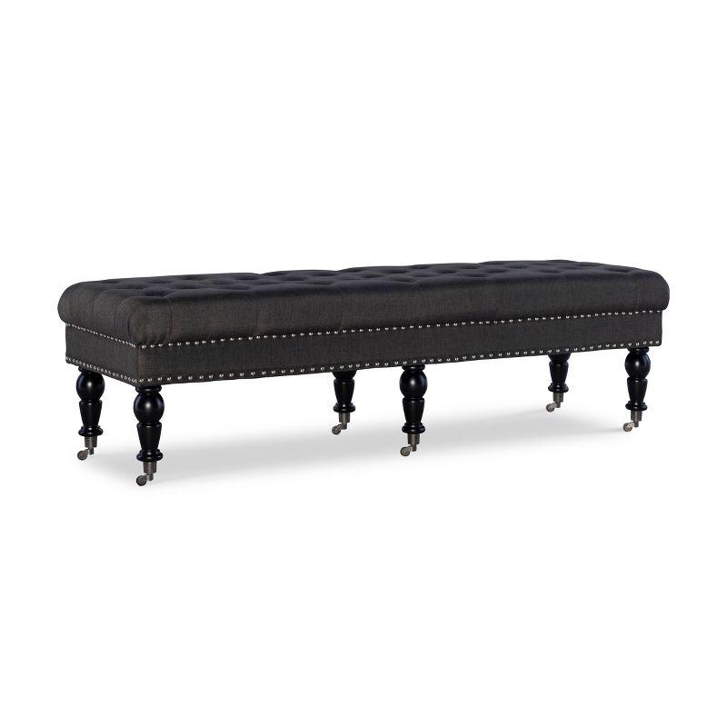 Isabelle 62" Charcoal Linen Upholstered Bench with Silver Nailheads