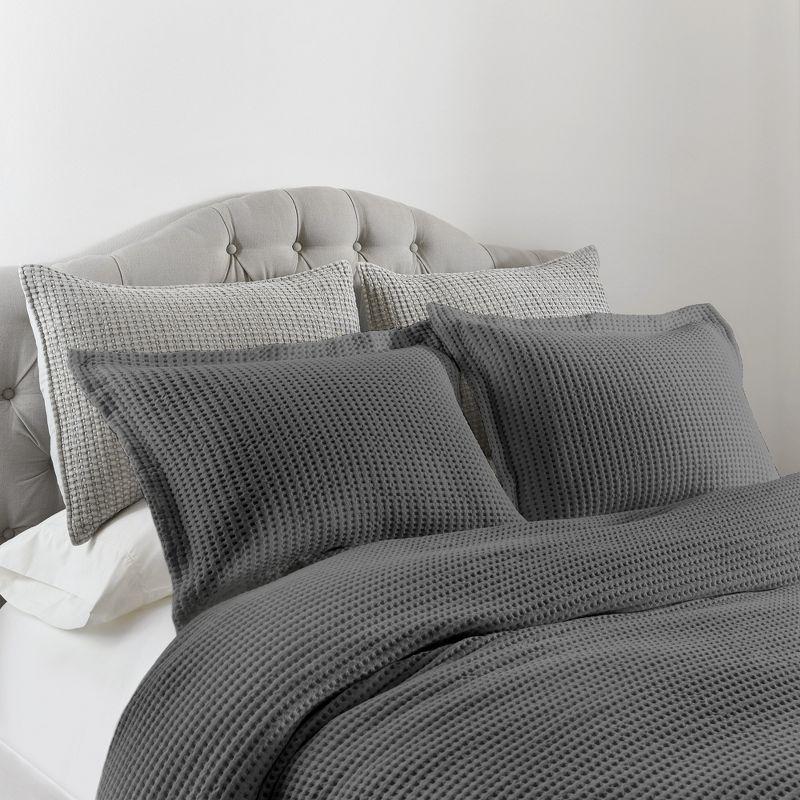 Gray Cotton Waffle Queen Duvet Cover Set