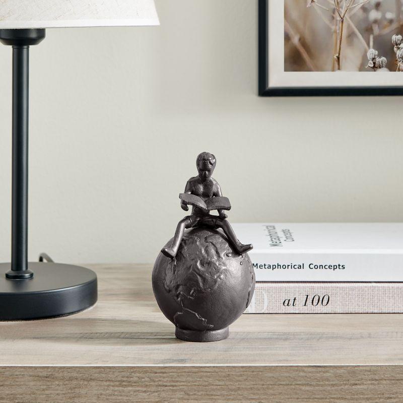 Danya B Brown Cast Iron Boy Reading on Globe Sculpture - Tabletop Desk Ornament or Decorative Paperweight