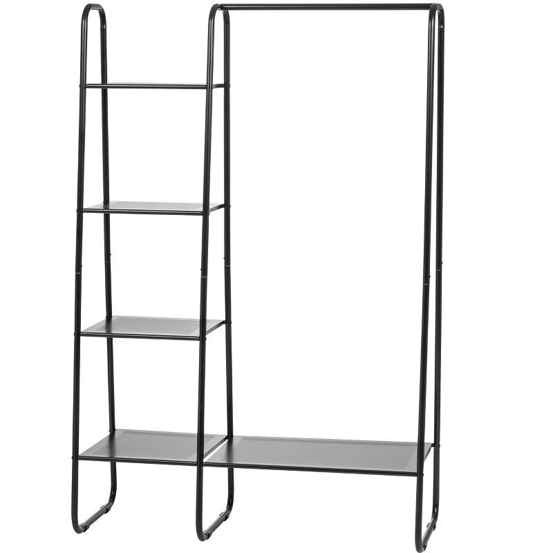 Black Metal Garment Rack with 4 Shelves and Hanging Rod