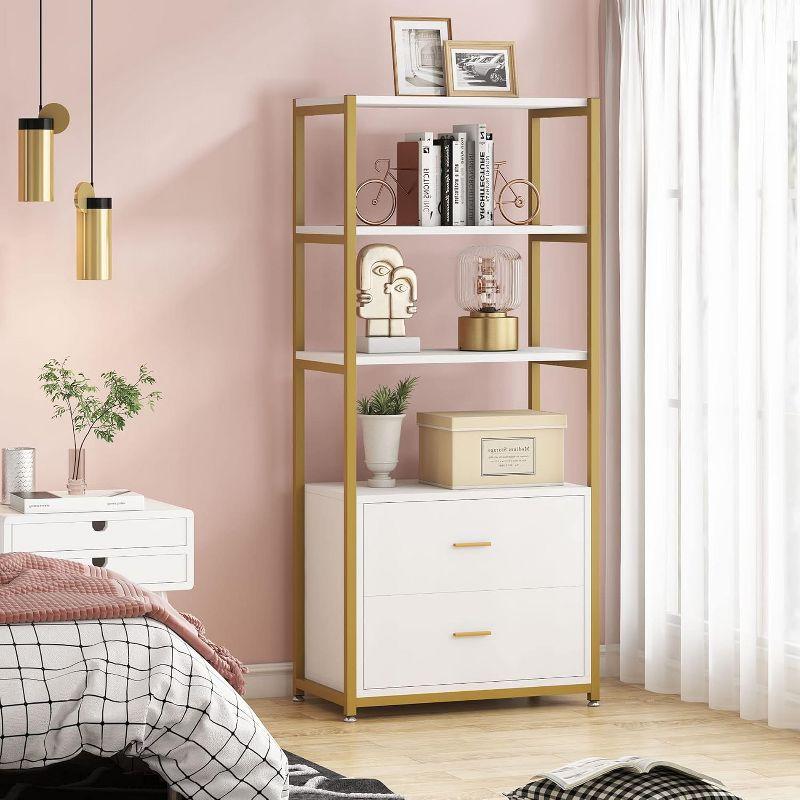 Hommoo 4-Tier Bookshelf,  Display Bookcase with 2 Drawers