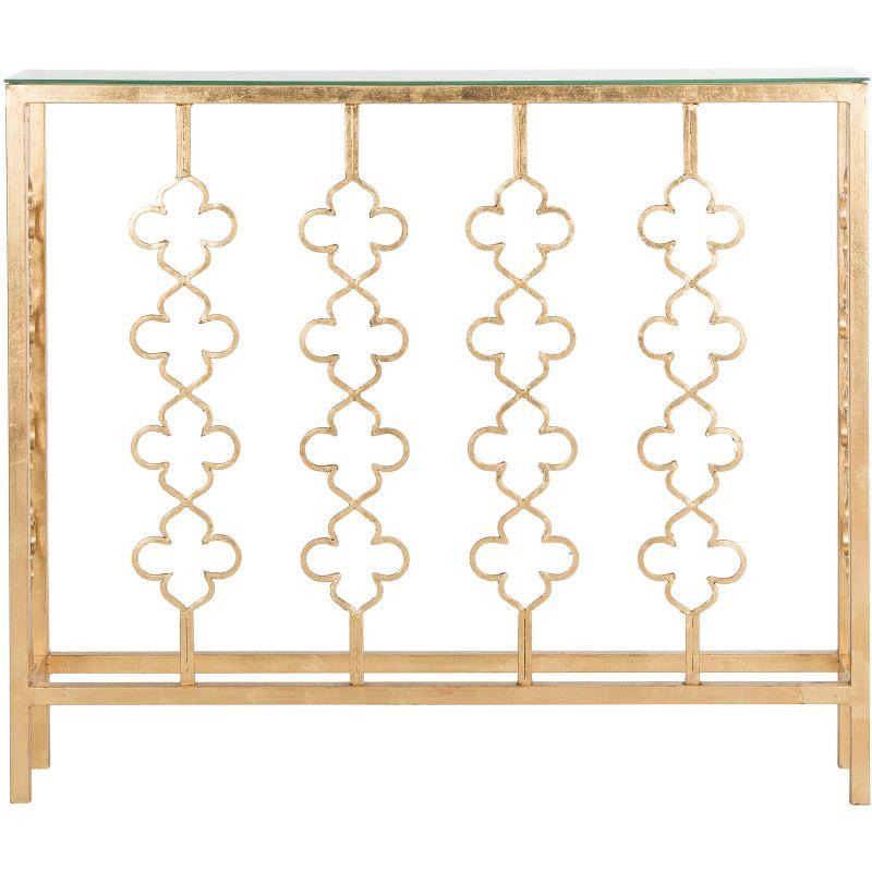 Elegant Gold Leaf Quatrefoil Console Table with Clear Glass Top