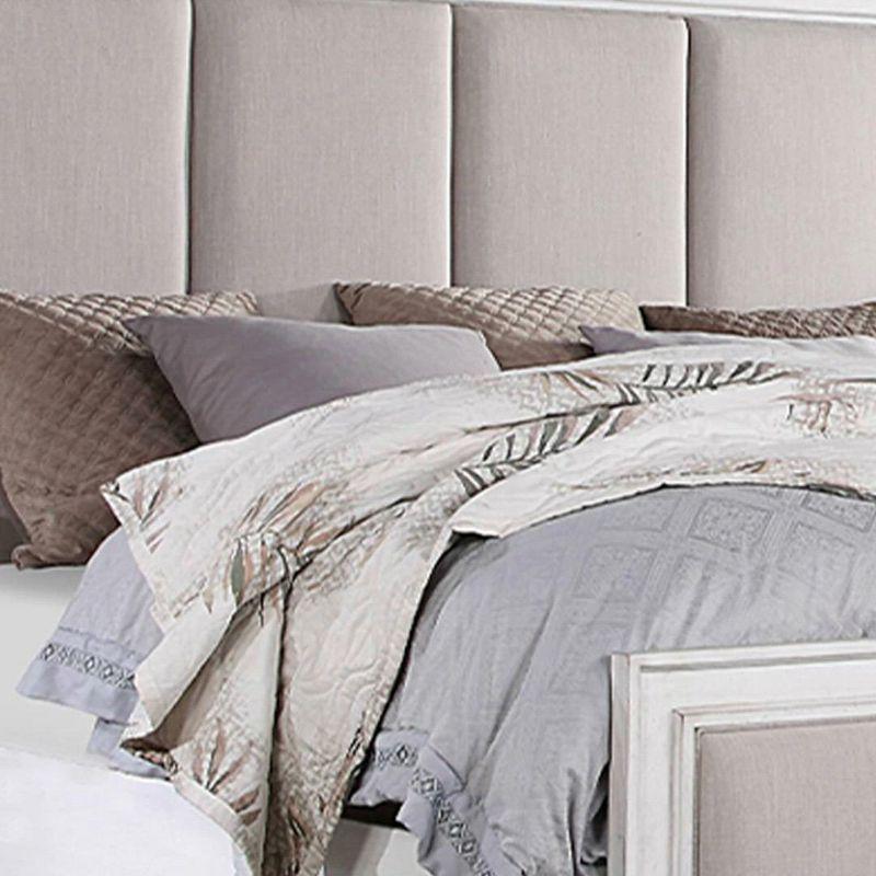 Katia King Bed with Light Gray Linen Upholstered Headboard and Rustic White Frame