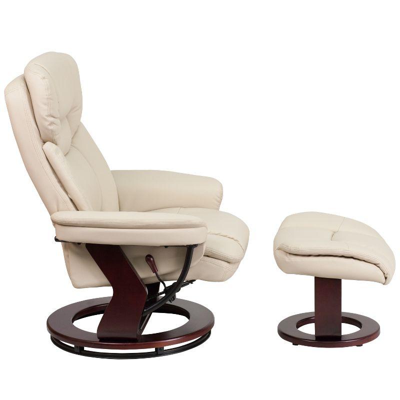 Beige Faux Leather Swivel Recliner with Mahogany Wood Base and Ottoman