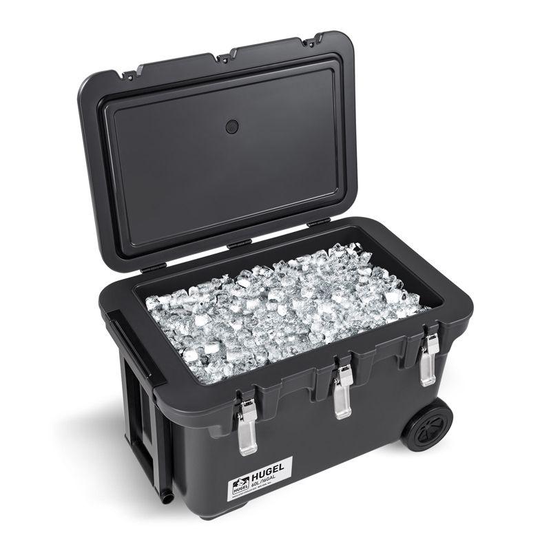 IRIS USA HUGEL 64 QT Cooler Box Insulated, Hard Cooler, Vacuum-Insulated Panels Durable Portable Ice Chest with Built-in Handle and Wheels, Black
