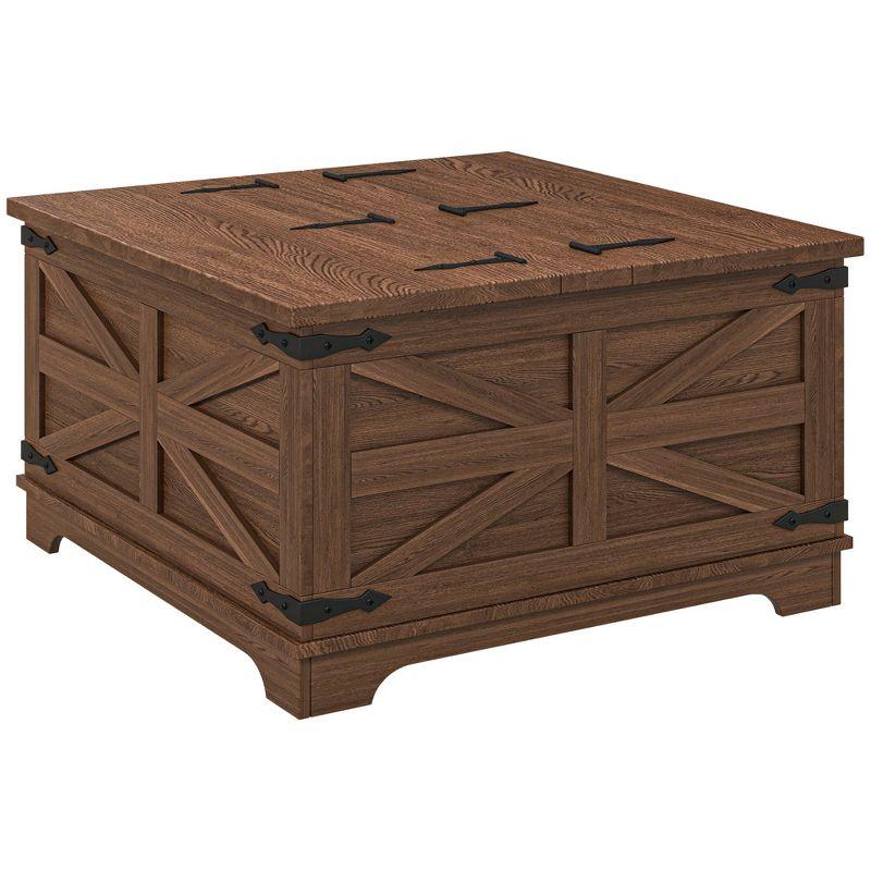 HOMCOM Farmhouse Coffee Table with Flip Top, Hidden Storage Compartment, Square Center Table for Living Room, Distressed Brown