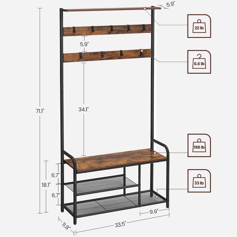 VASAGLE Hall Tree Entryway Coat Rack with Shoe Bench Rustic Walnut and Black