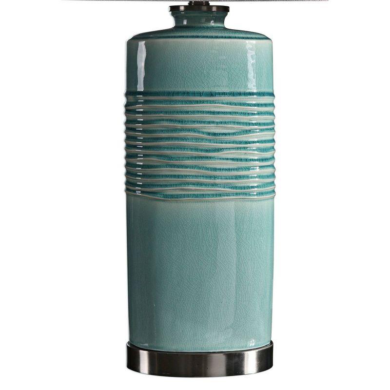 Uttermost Modern Table Lamp 32" Tall Distressed Teal Blue-Green Glaze Linen Fabric Oval Shade for Living Room Bedroom House Home