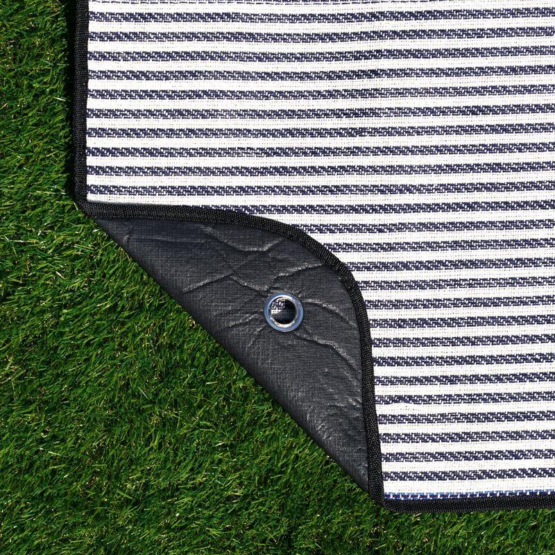 Twine Picnic Blanket - Waterproof Outdoor Blanket with Leather Carrying Straps and Picnic Stakes - Navy/White Striped 6pc Set of 1