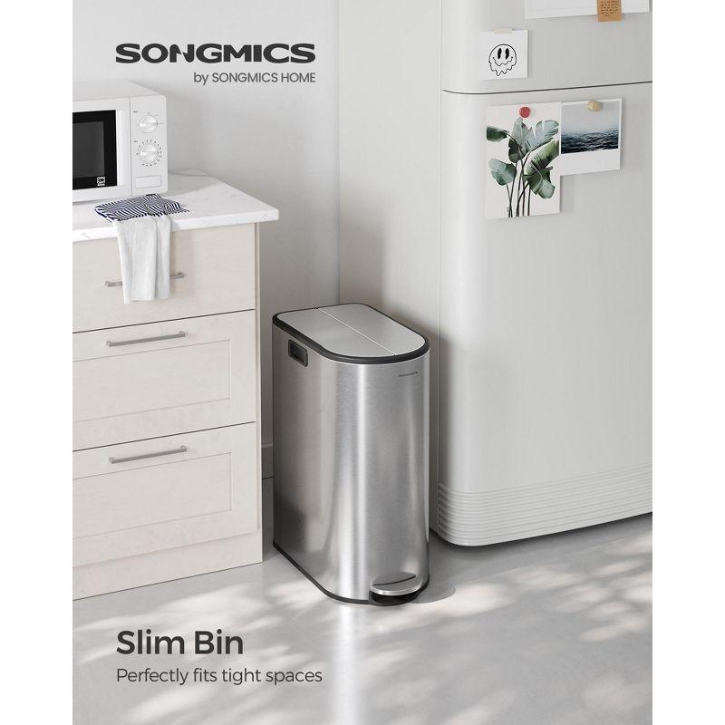 SONGMICS 13-Gal ( 50L ) Dual Kitchen Trash Can,Garbage Can with Wing Lids, Stainless Steel, Soft Close, Inner Buckets, with 15 Trash Bags, Silver