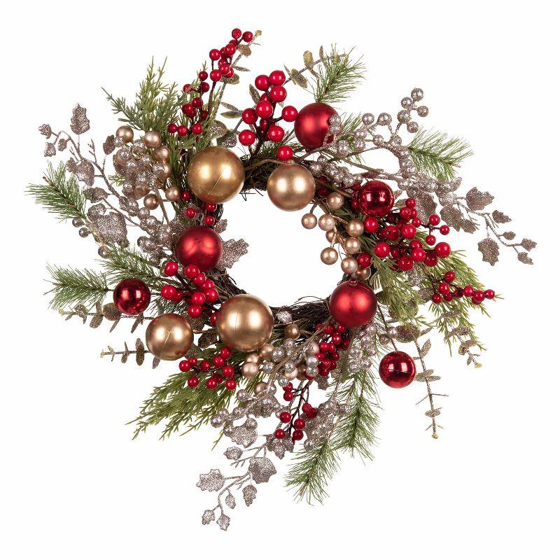 Festive Pine and Berry Holiday Wreath with Gold Accents