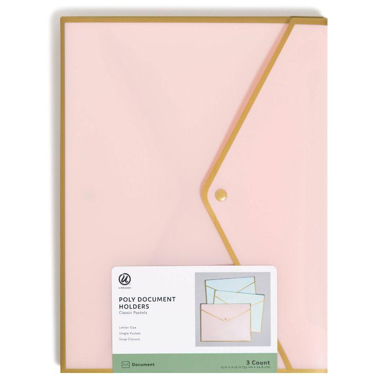 Pastel Poly Document Holders with Gold Snap Closure, 3 Count