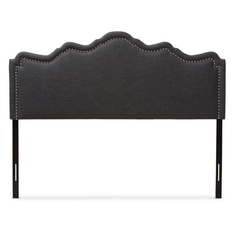 Nadeen Queen Dark Grey Leather Upholstered Headboard with Silver Trim