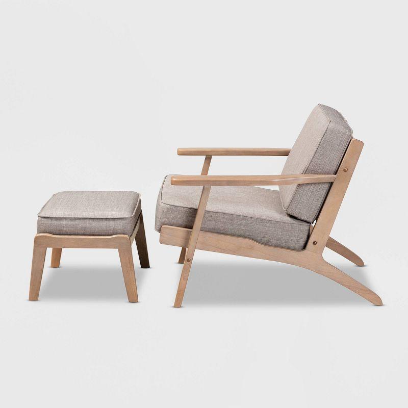 George Oliver Emsworth Mid-Century Modern 2-Piece Antique Oak Finished Armchair and Ottoman Set in Light Grey Fabric