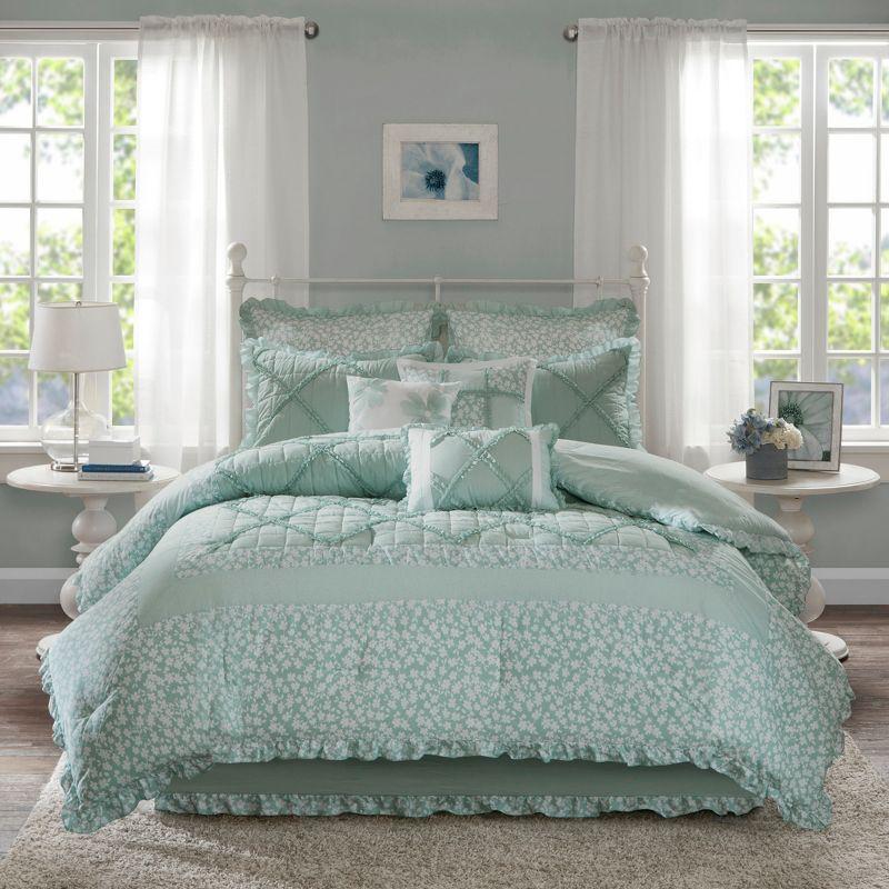 Seafoam Green Cotton Queen Comforter Set with Decorative Pillows