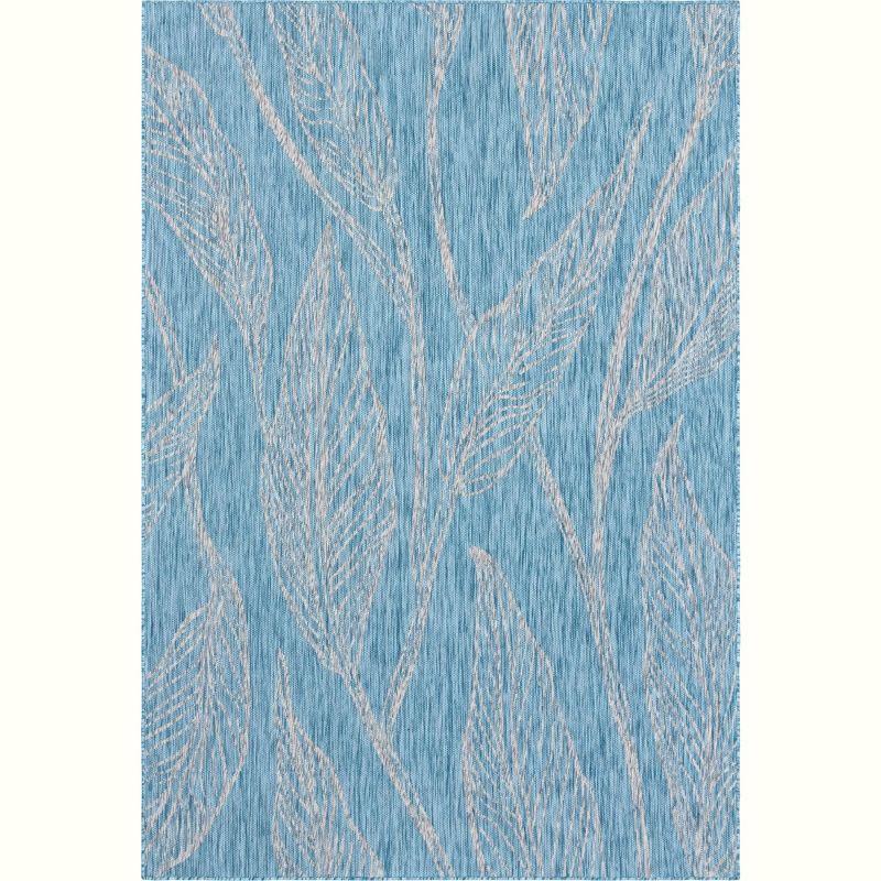 Light Aqua Botanical Outdoor Rectangular Synthetic Rug