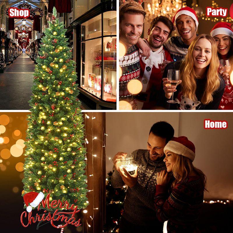 Costway 7.5Ft Pre-lit Hinged Pencil Christmas Tree w/Pine Cones Red Berries & 350 Lights
