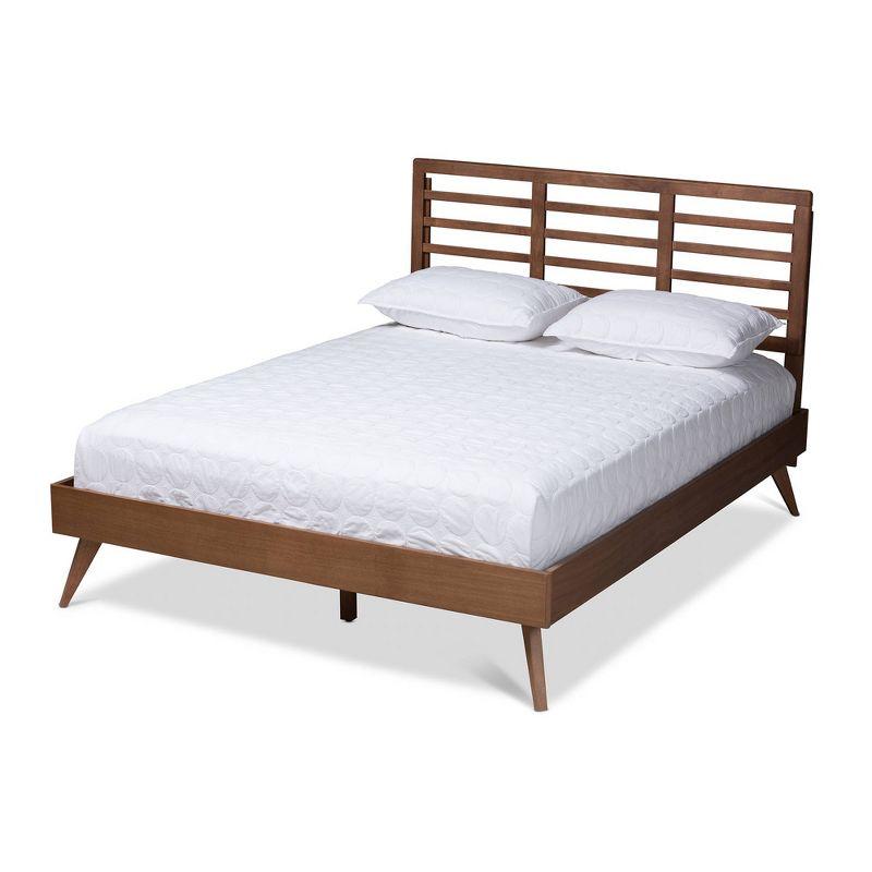 Calisto Walnut Brown Mid-Century Modern Queen Platform Bed with Slatted Headboard