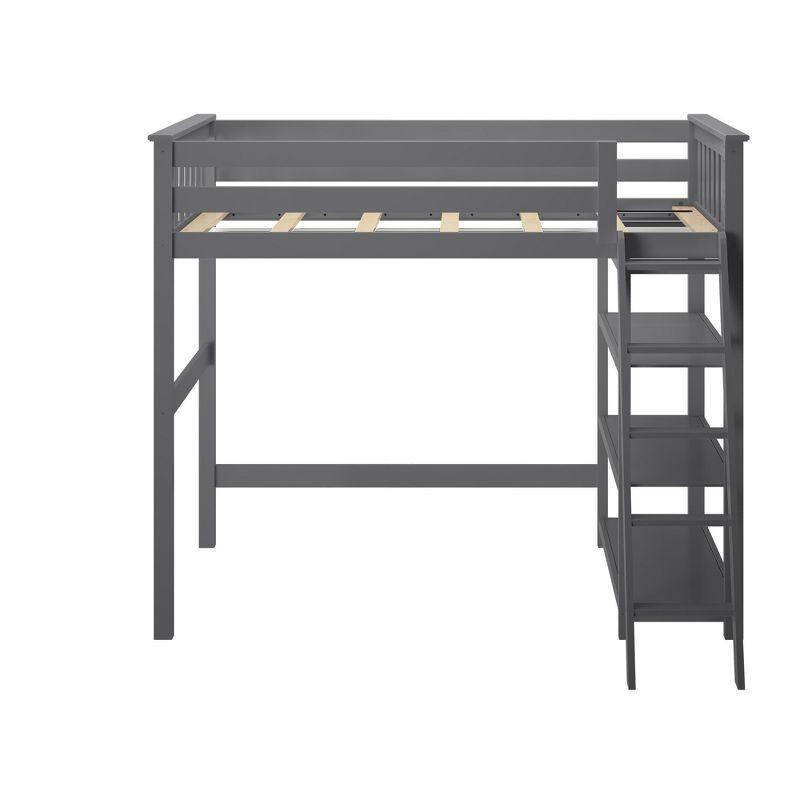 Max & Lily Solid Wood High Loft Bed,Twin Bed Frame For Kids With Bookcase and Ladder, Grey