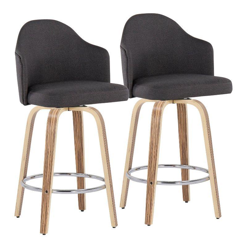 Zebra Wood & Chrome Swivel Counter Stool with Charcoal Fabric, Set of 2