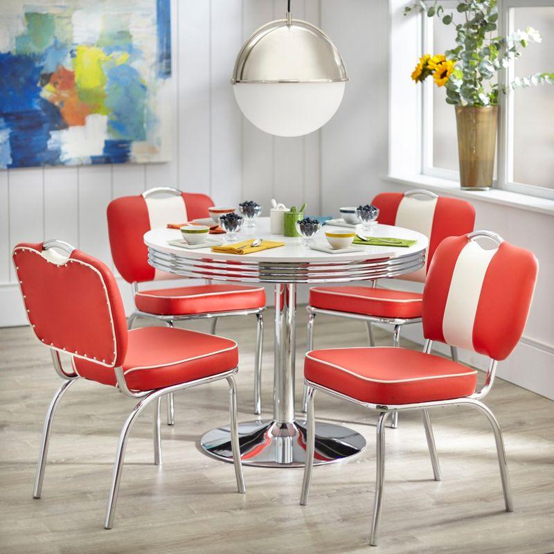 Red and White Faux Leather Retro Side Chairs with Chrome Legs, Set of 2