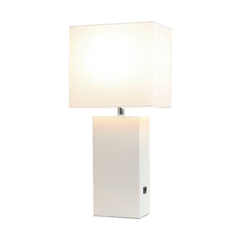 Lalia Home 21" Lexington Leather Base Modern Home Decor Bedside Table Lamp with USB Charging Port White : Fabric Shade