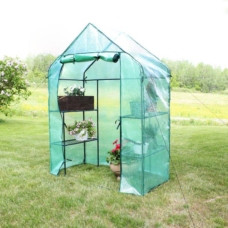 Sunnydaze Outdoor Portable Tiered Growing Rack Deluxe Walk-In Greenhouse with Roll-Up Door - 4 Shelves - Green