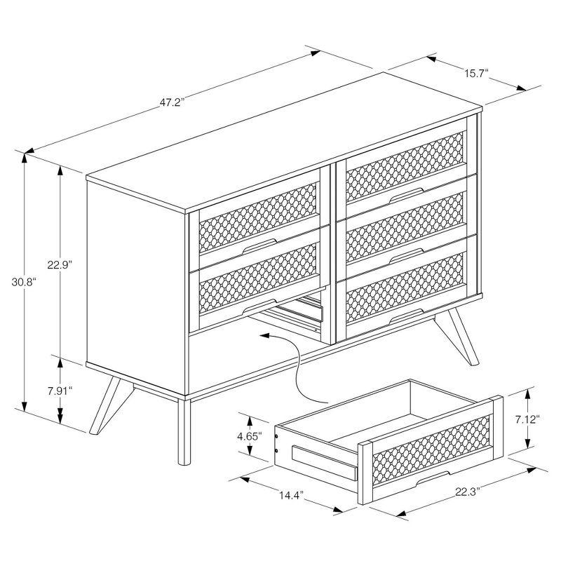 Barrett Wood & Synthetic Rattan Dresser: 6 Drawers, Angled Legs - Baxton Studio