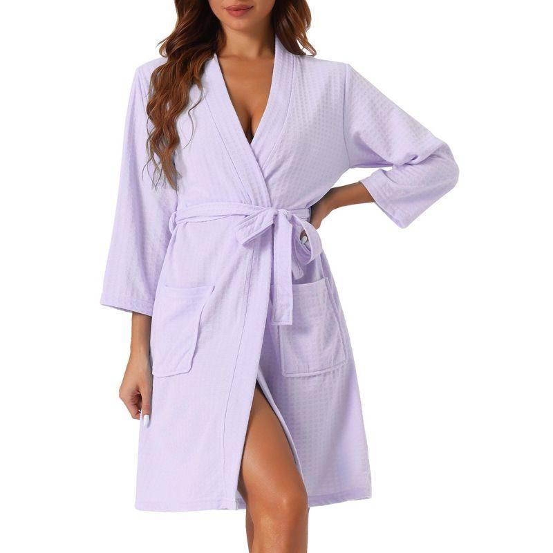 cheibear Women's Mid-Length Two Pockets Soft Spa & Bath Waffle Robes With Belt Purple Small