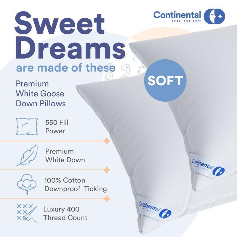 ContinentalBedding Continental Bedding Soft Down Pillows, 2-Pack, 550FP, 75% Down 25% Feather, 400TC 100% Cotton Cover (Set of 2)