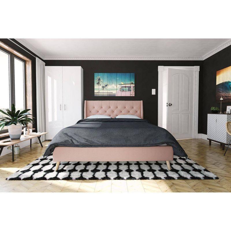 Full Pink Linen Tufted Upholstered Bed with Slats