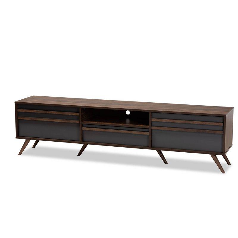 Gray and Walnut Wood TV Stand with Drop-Down Compartments