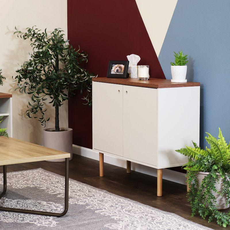 Latte Mid-Century Modern 2-Door Accent Cabinet with Eucalyptus Legs