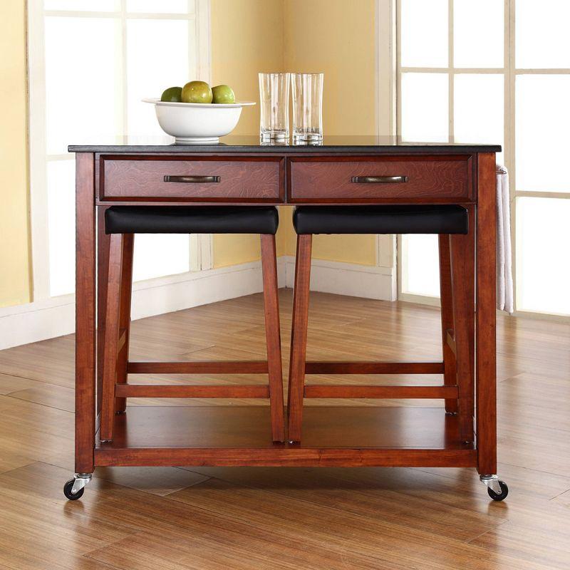 Cherry Finish Granite Top Kitchen Cart with Storage and Saddle Stools