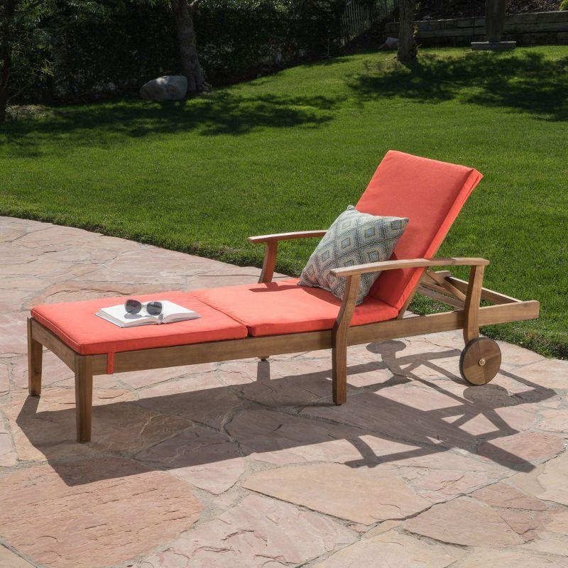 Christopher Knight Home Perla Outdoor Acacia Wood Armless Adjustable Chaise Lounge with Water Resistant Cushion, Orange