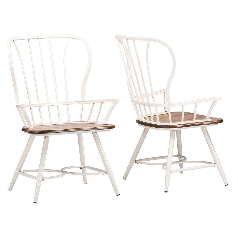 Windsor High Slat Metal Arm Chair in White with Dark Walnut Seat